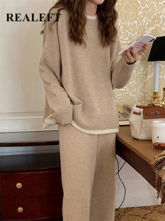 REALEFT Women's Knitted Tracksuit™ Patchwork O-Neck Sweater and Loose Wide Leg Pants Suits