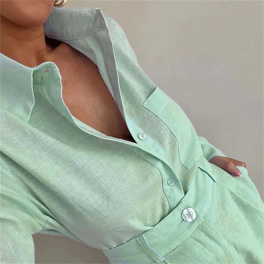 Women's Summer 2 Piece Sets™ Long Sleeve Simple Button Pockets Shirt and Shorts Outfits