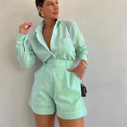 Women's Summer 2 Piece Sets™ Long Sleeve Simple Button Pockets Shirt and Shorts Outfits