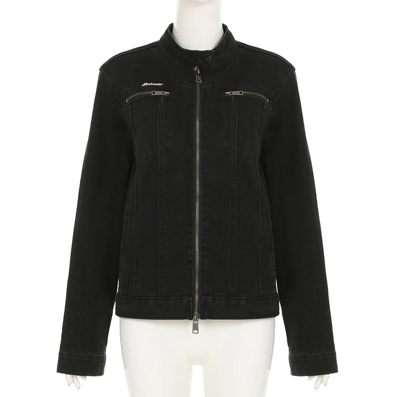 Rockmore Women's Double Zipper Denim Jackets™ Harajuku Cargo Style Casual Vintage Long Sleeve Jacket