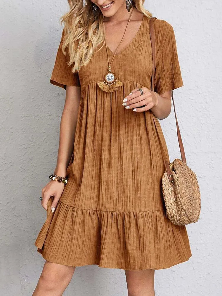 Women's Sexy Elegant V Neck Ruffles Mini Dress™ Summer Vintage Solid Loose Sundress