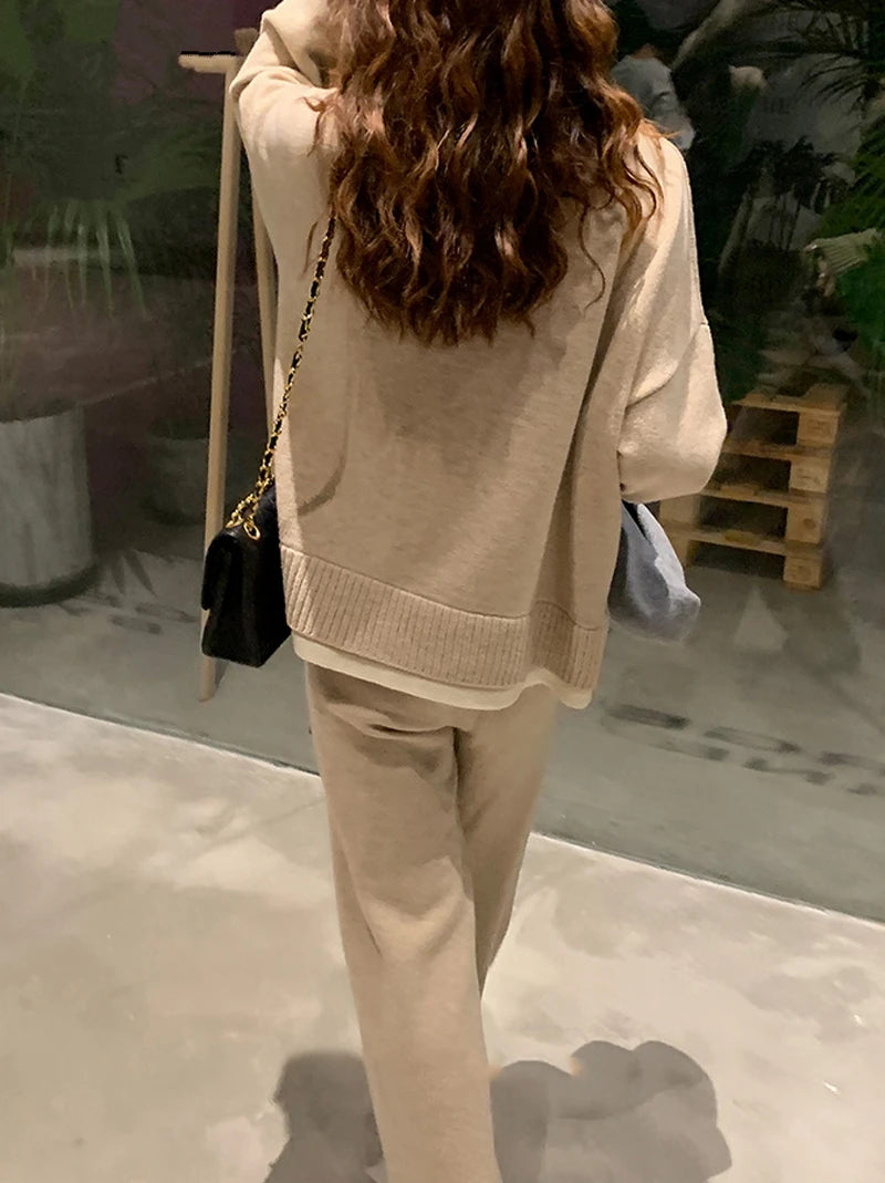 REALEFT Women's Knitted Tracksuit™ Patchwork O-Neck Sweater and Loose Wide Leg Pants Suits