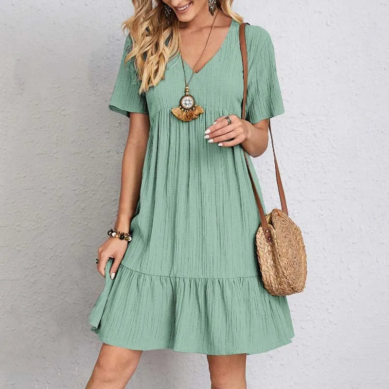 Women's Sexy Elegant V Neck Ruffles Mini Dress™ Summer Vintage Solid Loose Sundress