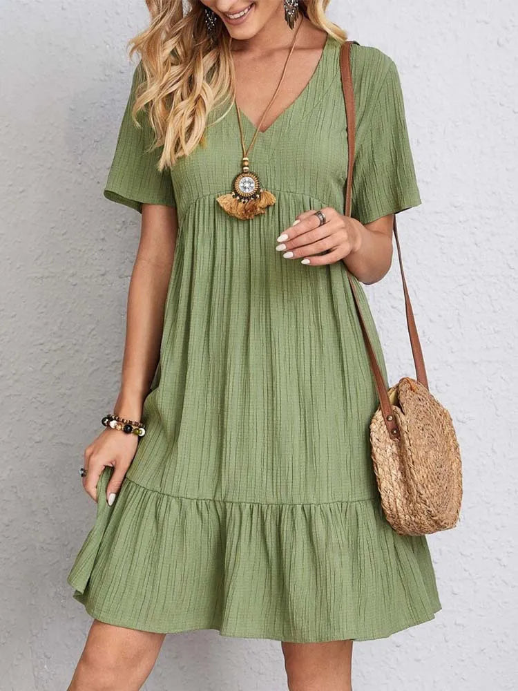 Women's Sexy Elegant V Neck Ruffles Mini Dress™ Summer Vintage Solid Loose Sundress