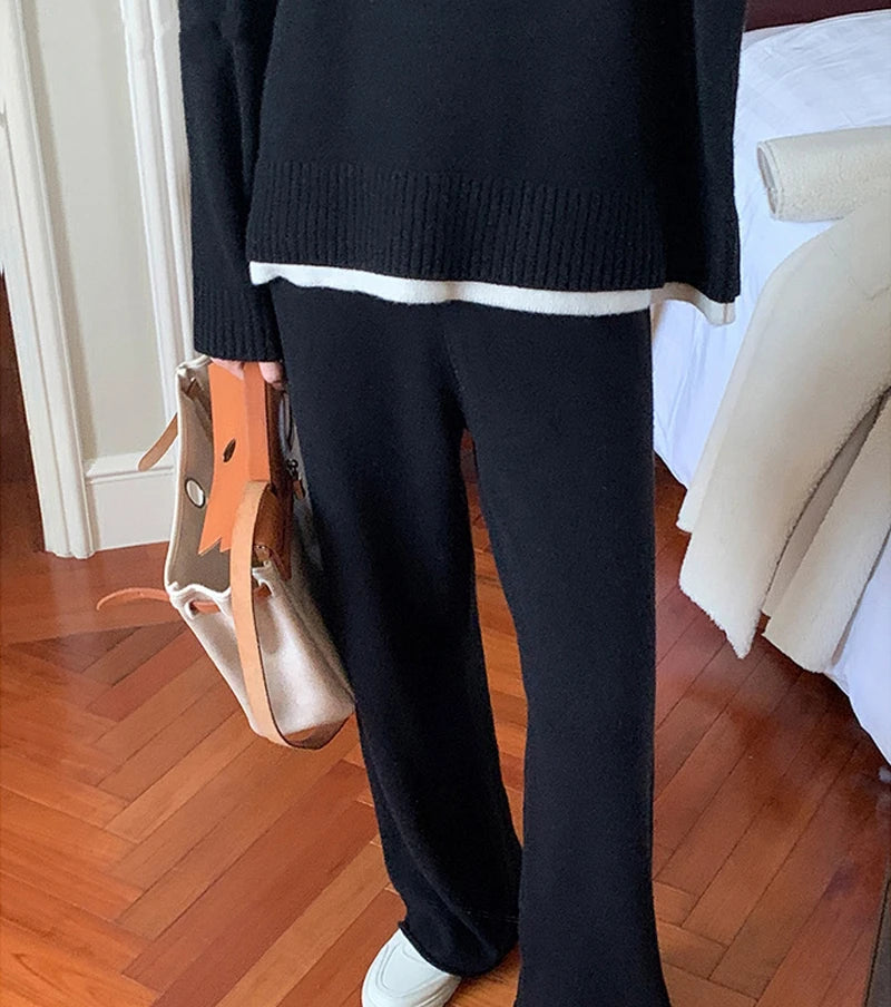 REALEFT Women's Knitted Tracksuit™ Patchwork O-Neck Sweater and Loose Wide Leg Pants Suits