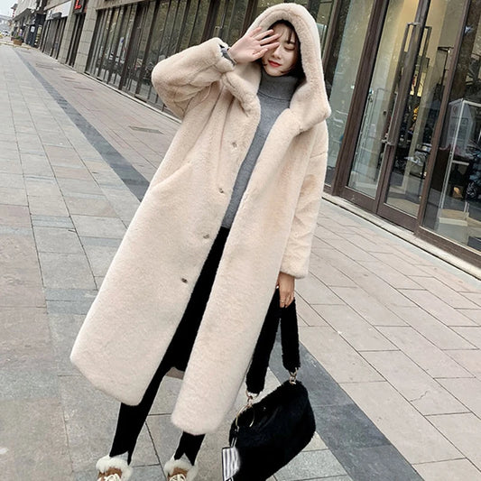 Women's High Quality Faux™ Rabbit Long Fur Coat Loose Lapel Thick Warm Plus Size Female Plush Coats