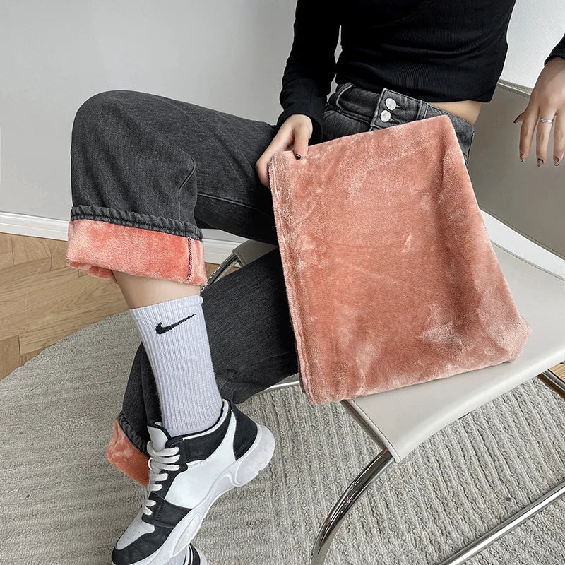 Women's Fleece Wide Leg Jeans™ Winter Warm Vintage Baggy High Waist Loose Straight Denim Pants
