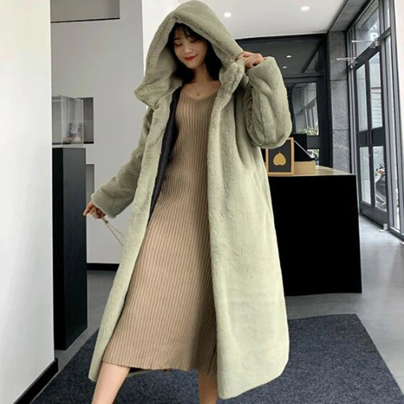 Women's High Quality Faux™ Rabbit Long Fur Coat Loose Lapel Thick Warm Plus Size Female Plush Coats