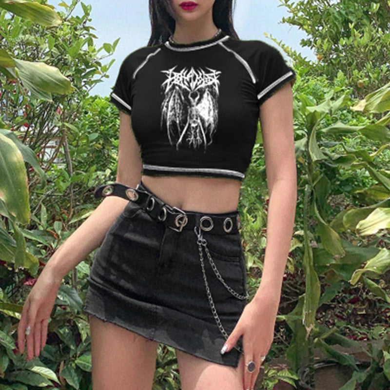 Women's T-Shirt™ Harajuku crop Top Retro Korean Black Demon Punk Gothic Anime Print T-Shirt