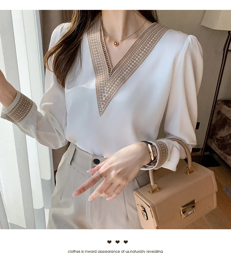 Women's Elegant Chiffon Shirt™ White V Neck Casual Loose Long Sleeve T-shirt
