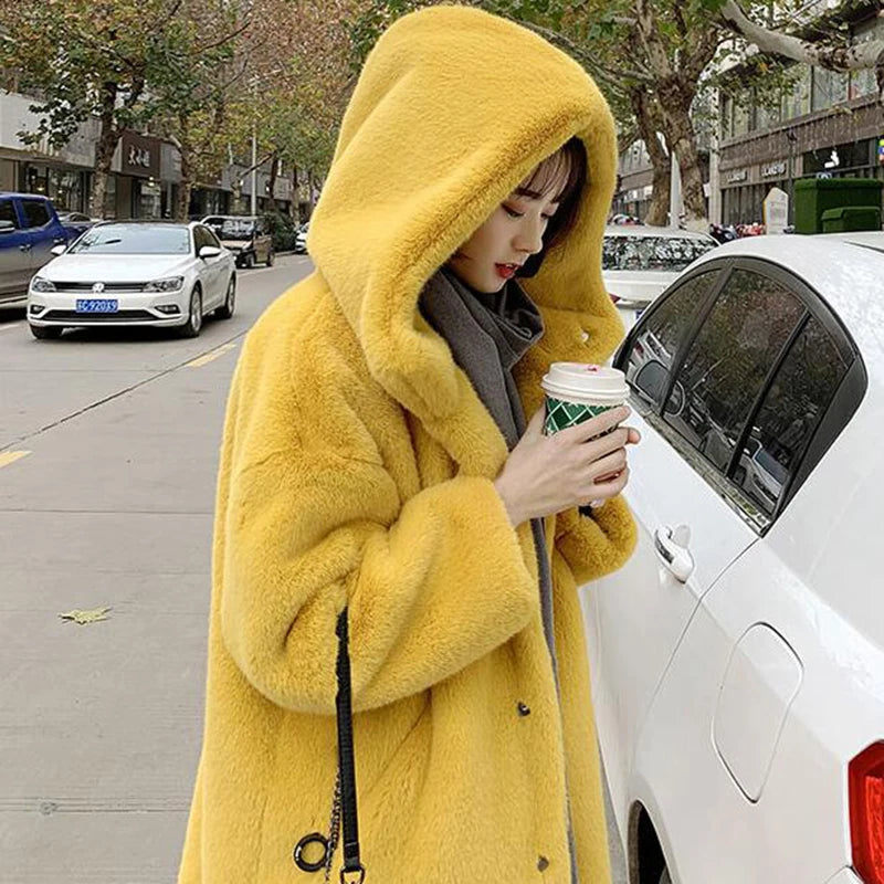 Women's High Quality Faux™ Rabbit Long Fur Coat Loose Lapel Thick Warm Plus Size Female Plush Coats