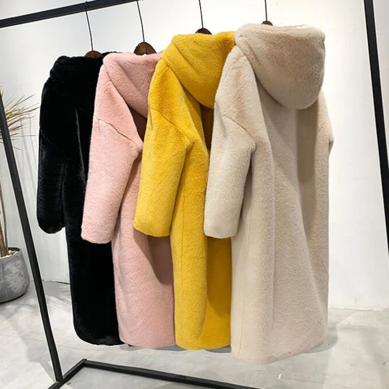 Women's High Quality Faux™ Rabbit Long Fur Coat Loose Lapel Thick Warm Plus Size Female Plush Coats