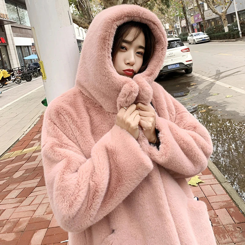 Women's High Quality Faux™ Rabbit Long Fur Coat Loose Lapel Thick Warm Plus Size Female Plush Coats