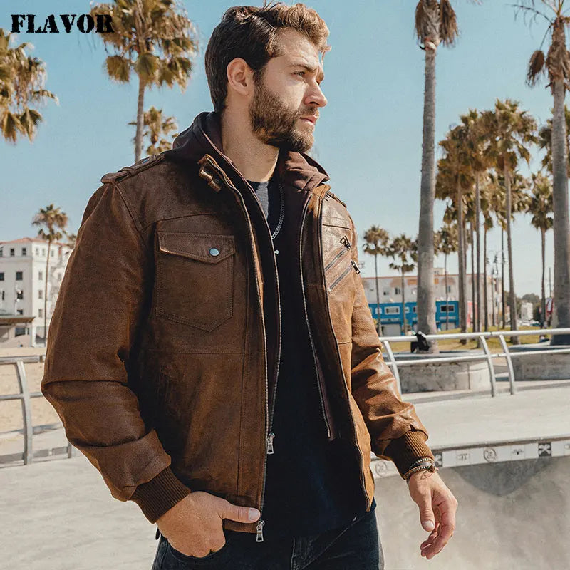 FLAVOR Men's Real Leather Jacket™ Removable Hood Warm Genuine Leather Jackets