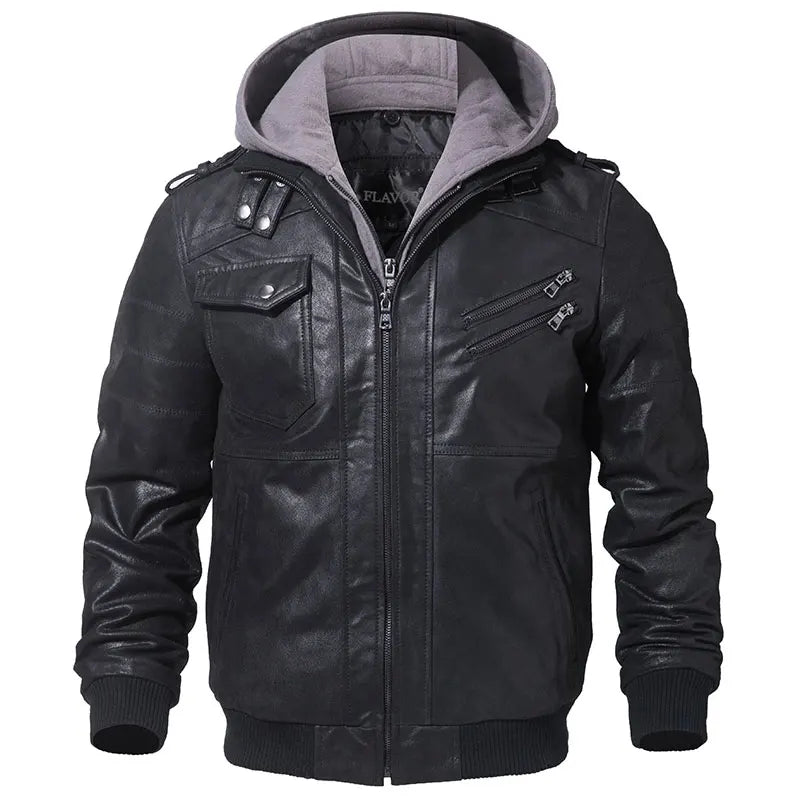 FLAVOR Men's Real Leather Jacket™ Removable Hood Warm Genuine Leather Jackets