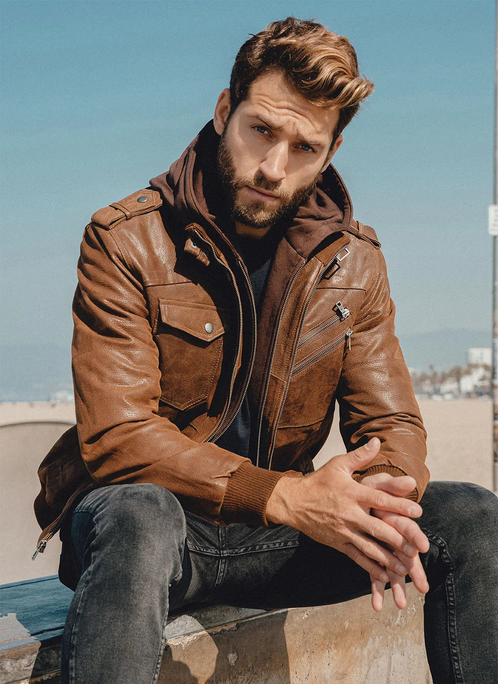 FLAVOR Men's Real Leather Jacket™ Removable Hood Warm Genuine Leather Jackets