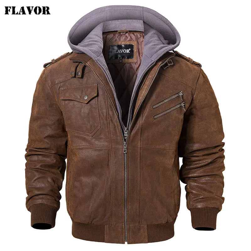 FLAVOR Men's Real Leather Jacket™ Removable Hood Warm Genuine Leather Jackets