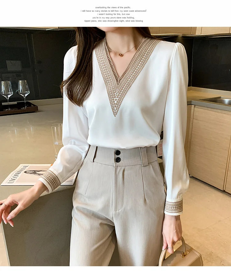 Women's Elegant Chiffon Shirt™ White V Neck Casual Loose Long Sleeve T-shirt