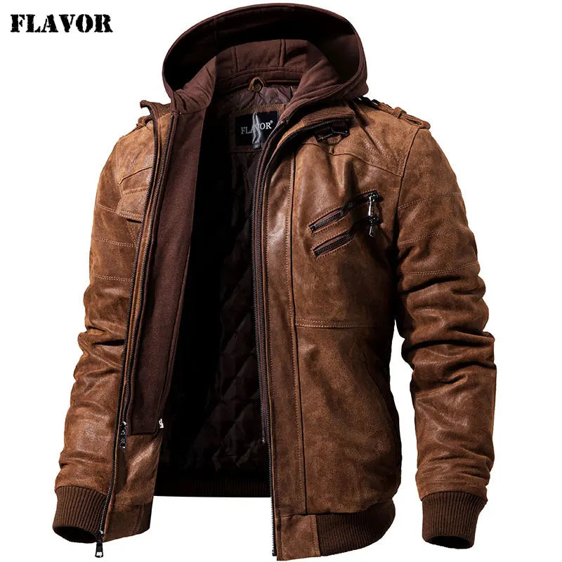 FLAVOR Men's Real Leather Jacket™ Removable Hood Warm Genuine Leather Jackets