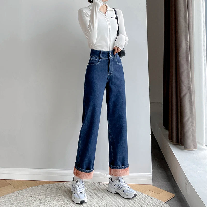Women's Fleece Wide Leg Jeans™ Winter Warm Vintage Baggy High Waist Loose Straight Denim Pants