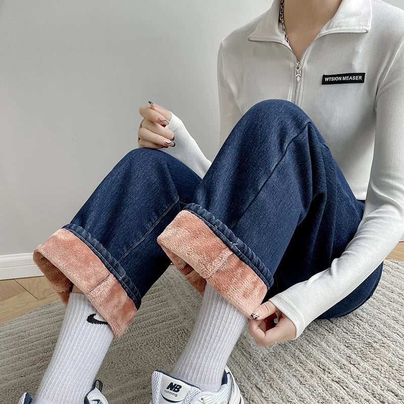 Women's Fleece Wide Leg Jeans™ Winter Warm Vintage Baggy High Waist Loose Straight Denim Pants