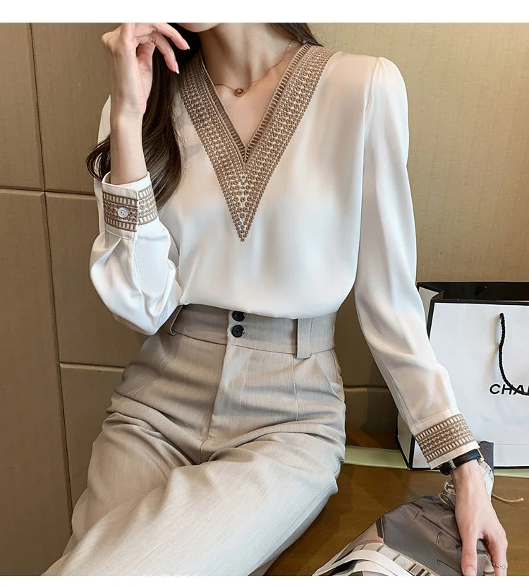 Women's Elegant Chiffon Shirt™ White V Neck Casual Loose Long Sleeve T-shirt