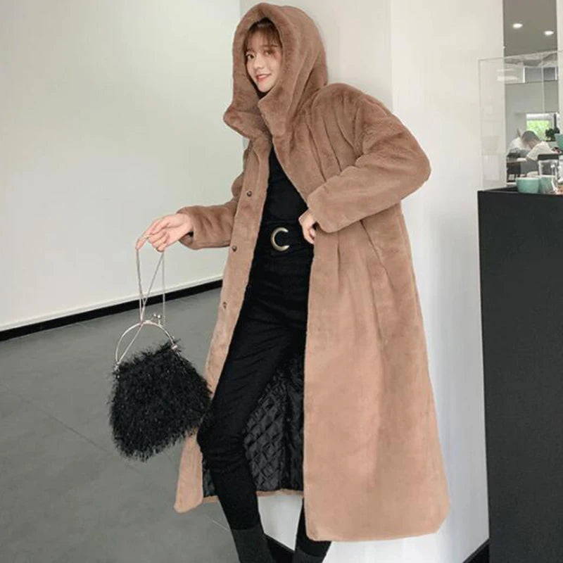 Women's High Quality Faux™ Rabbit Long Fur Coat Loose Lapel Thick Warm Plus Size Female Plush Coats