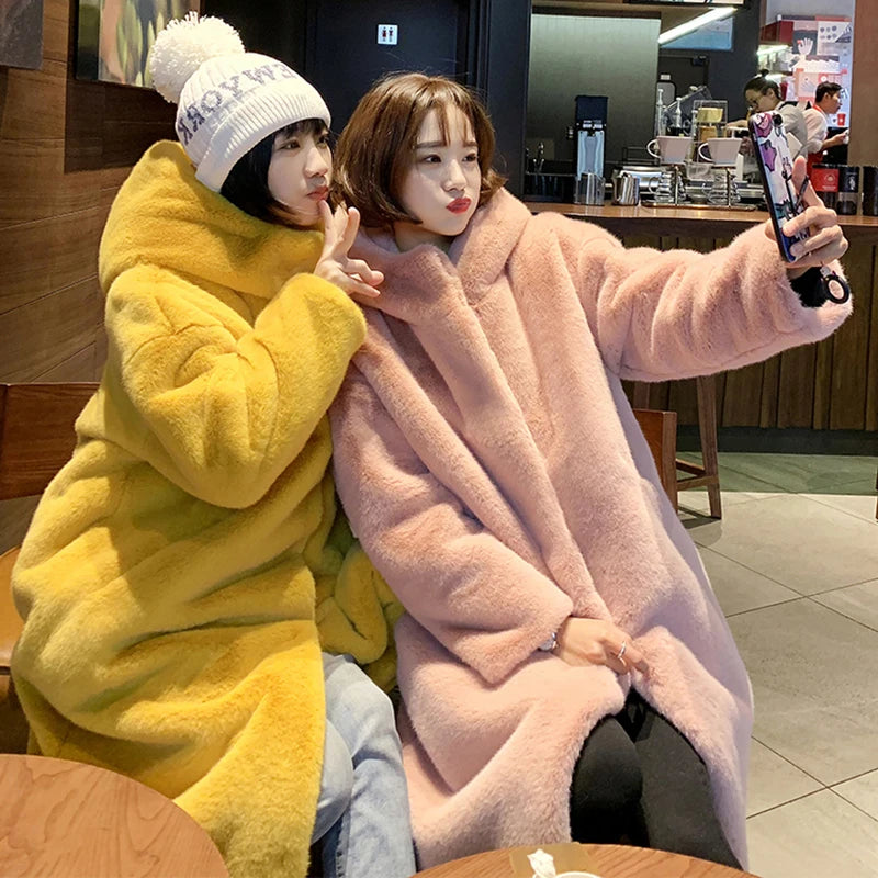 Women's High Quality Faux™ Rabbit Long Fur Coat Loose Lapel Thick Warm Plus Size Female Plush Coats