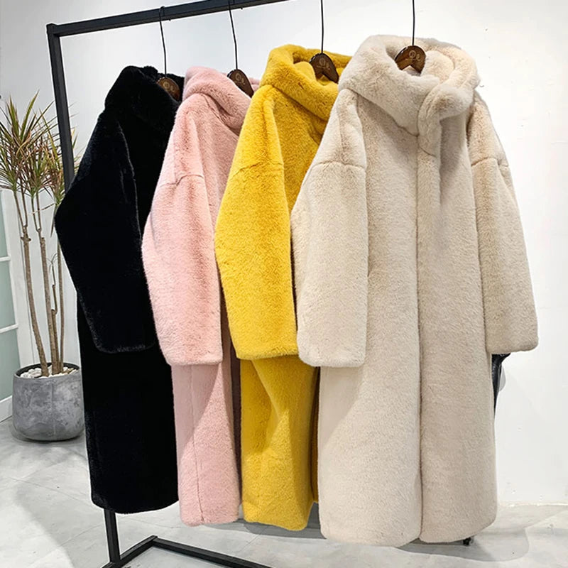 Women's High Quality Faux™ Rabbit Long Fur Coat Loose Lapel Thick Warm Plus Size Female Plush Coats