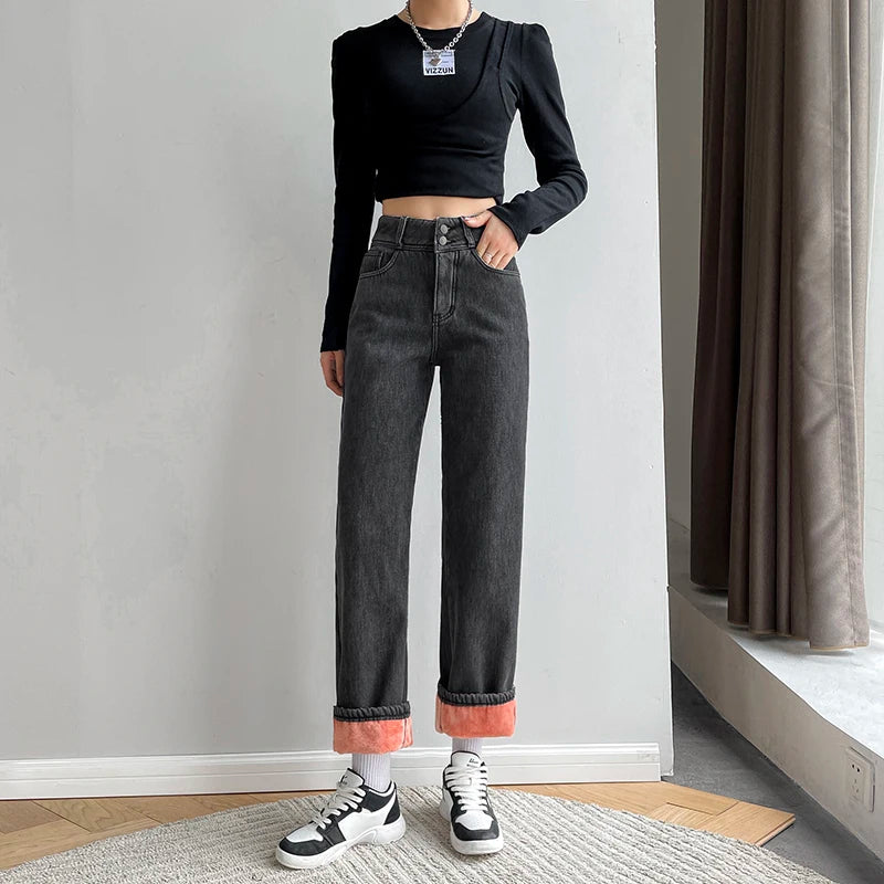 Women's Fleece Wide Leg Jeans™ Winter Warm Vintage Baggy High Waist Loose Straight Denim Pants
