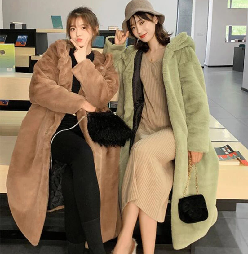 Women's High Quality Faux™ Rabbit Long Fur Coat Loose Lapel Thick Warm Plus Size Female Plush Coats