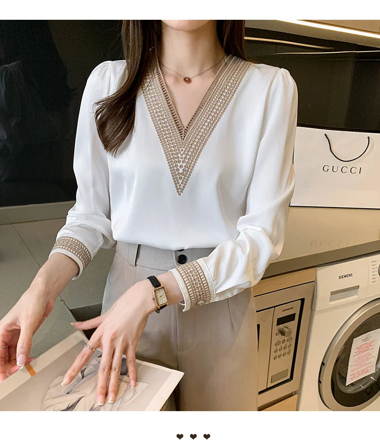 Women's Elegant Chiffon Shirt™ White V Neck Casual Loose Long Sleeve T-shirt