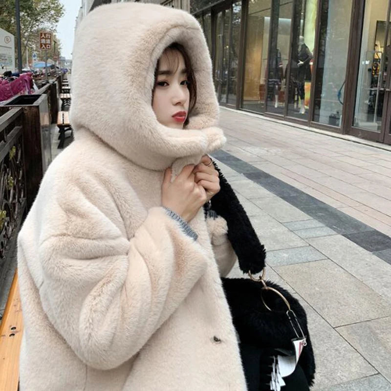 Women's High Quality Faux™ Rabbit Long Fur Coat Loose Lapel Thick Warm Plus Size Female Plush Coats