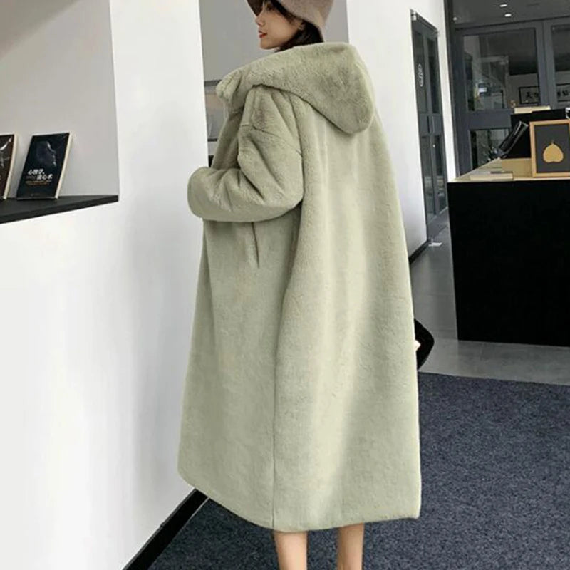 Women's High Quality Faux™ Rabbit Long Fur Coat Loose Lapel Thick Warm Plus Size Female Plush Coats