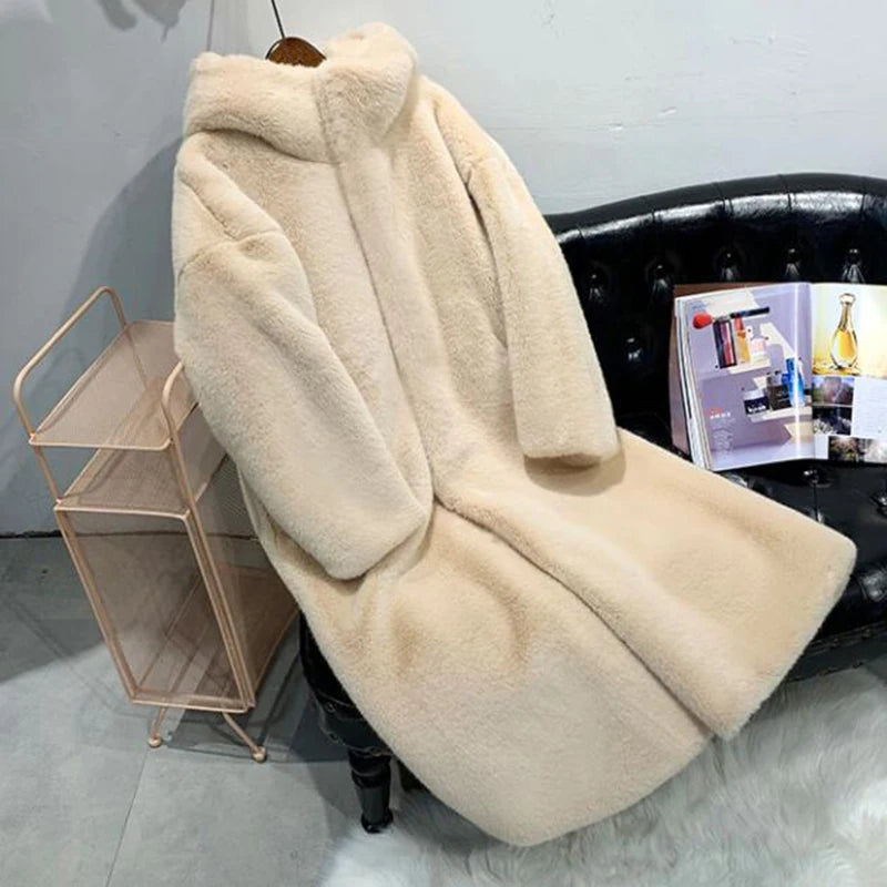 Women's High Quality Faux™ Rabbit Long Fur Coat Loose Lapel Thick Warm Plus Size Female Plush Coats