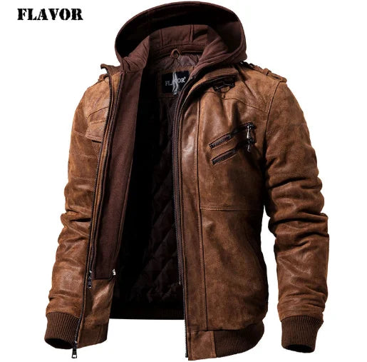 FLAVOR Men's Real Leather Jacket™ Removable Hood Warm Genuine Leather Jackets