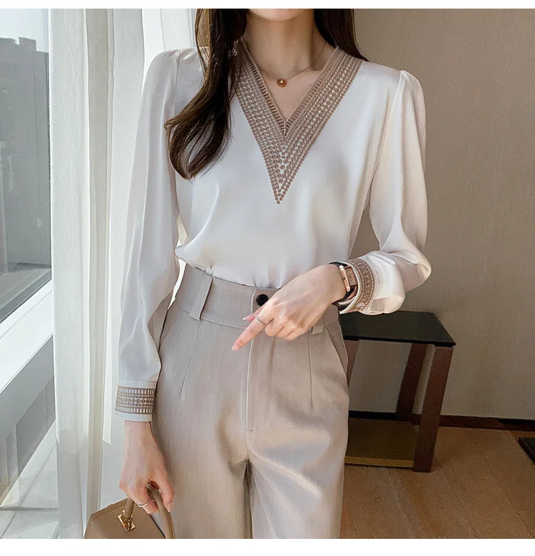 Women's Elegant Chiffon Shirt™ White V Neck Casual Loose Long Sleeve T-shirt