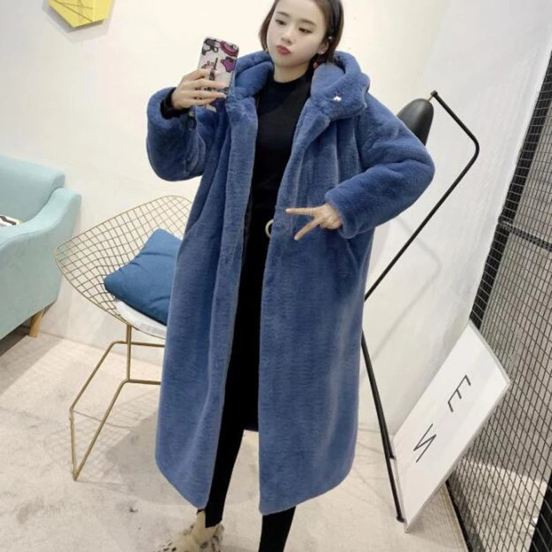 Women's High Quality Faux™ Rabbit Long Fur Coat Loose Lapel Thick Warm Plus Size Female Plush Coats