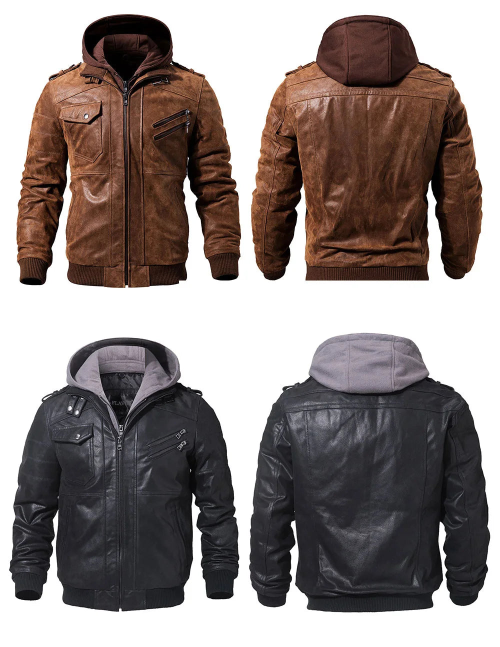 FLAVOR Men's Real Leather Jacket™ Removable Hood Warm Genuine Leather Jackets