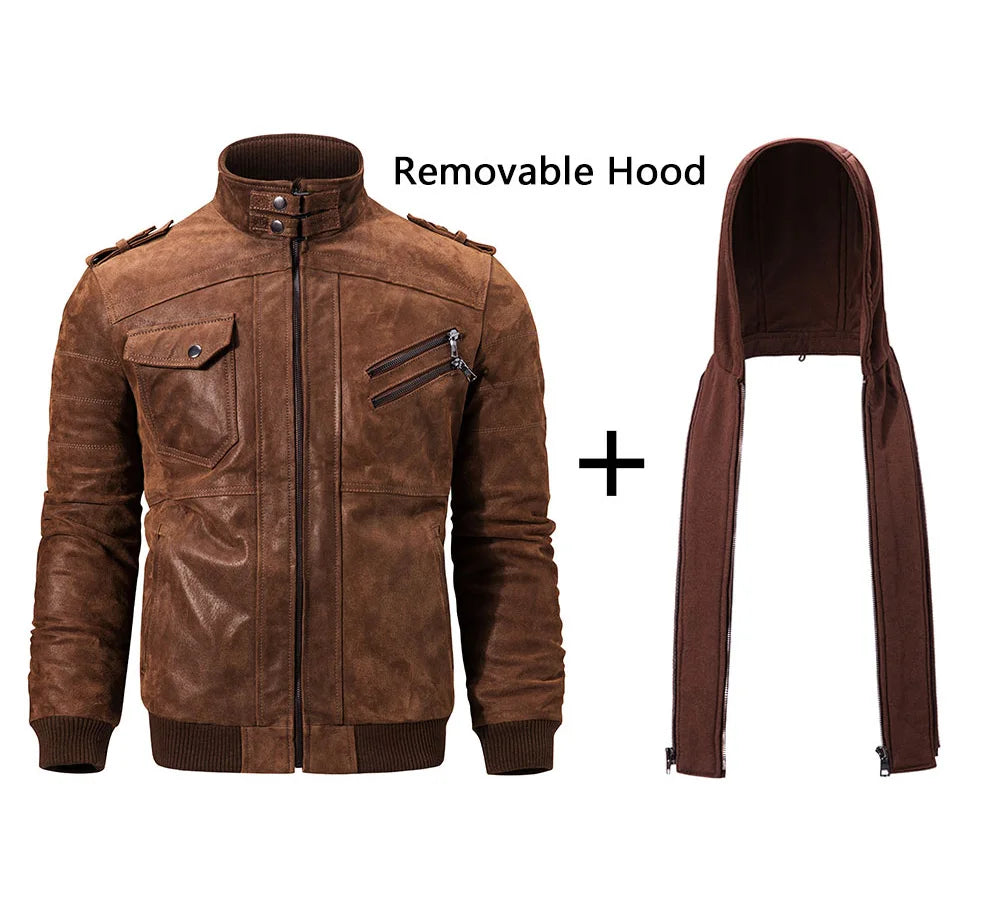 FLAVOR Men's Real Leather Jacket™ Removable Hood Warm Genuine Leather Jackets