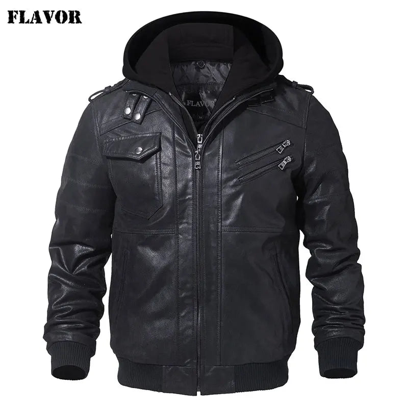 FLAVOR Men's Real Leather Jacket™ Removable Hood Warm Genuine Leather Jackets