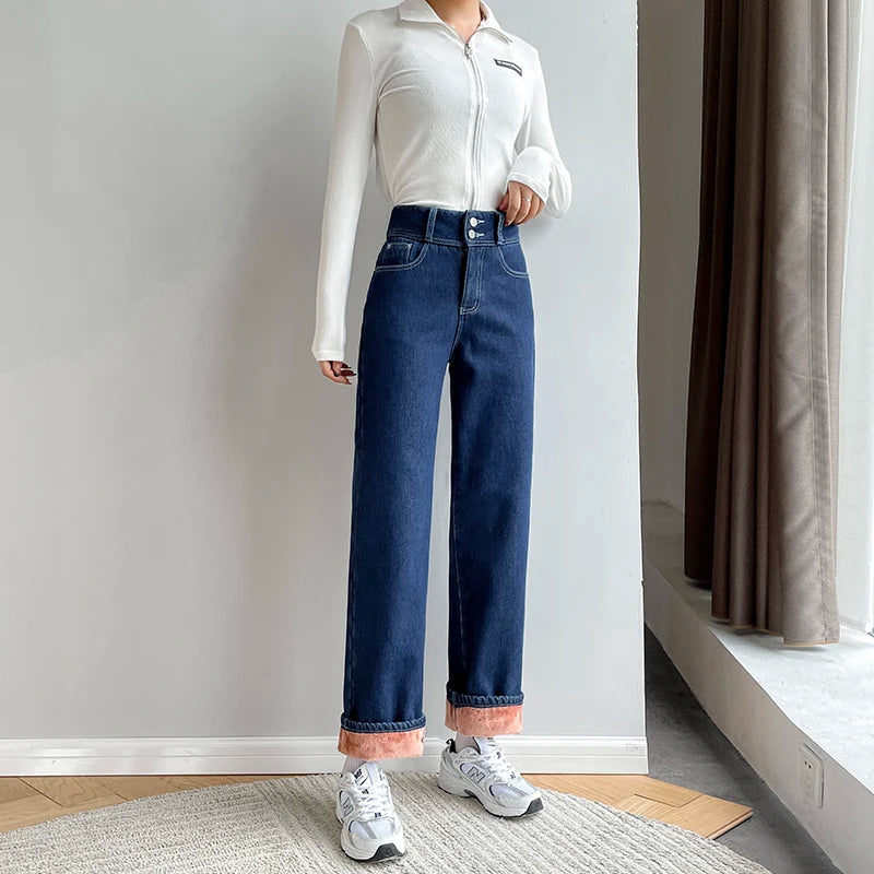 Women's Fleece Wide Leg Jeans™ Winter Warm Vintage Baggy High Waist Loose Straight Denim Pants