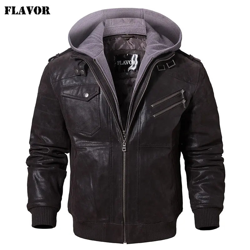 FLAVOR Men's Real Leather Jacket™ Removable Hood Warm Genuine Leather Jackets