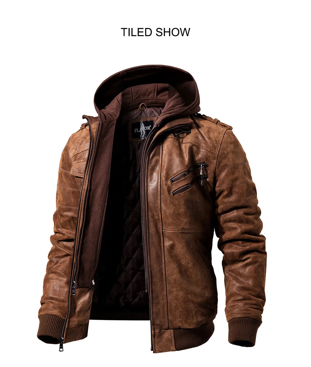 FLAVOR Men's Real Leather Jacket™ Removable Hood Warm Genuine Leather Jackets