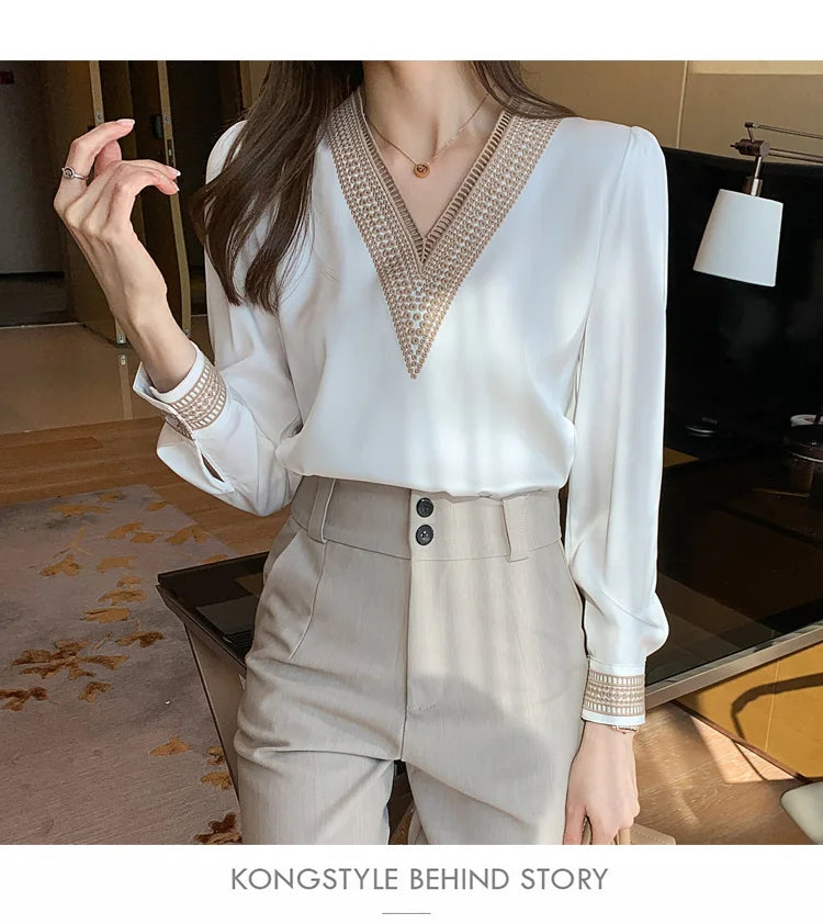 Women's Elegant Chiffon Shirt™ White V Neck Casual Loose Long Sleeve T-shirt