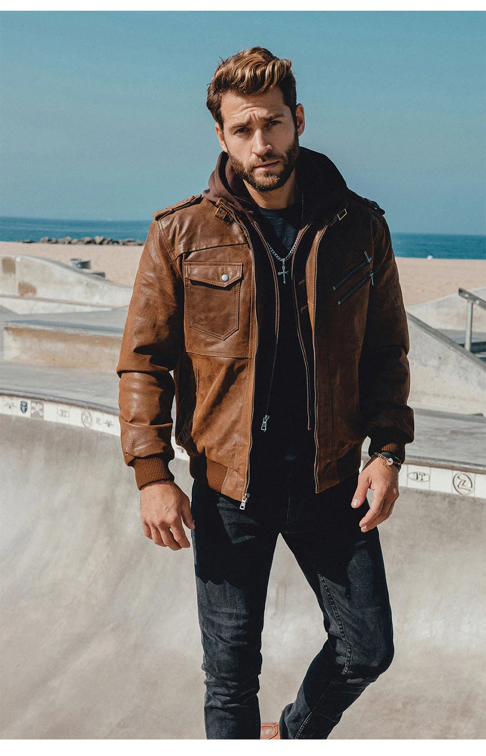 FLAVOR Men's Real Leather Jacket™ Removable Hood Warm Genuine Leather Jackets