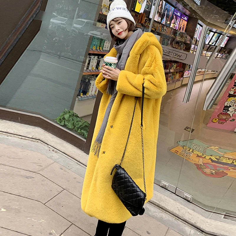 Women's High Quality Faux™ Rabbit Long Fur Coat Loose Lapel Thick Warm Plus Size Female Plush Coats