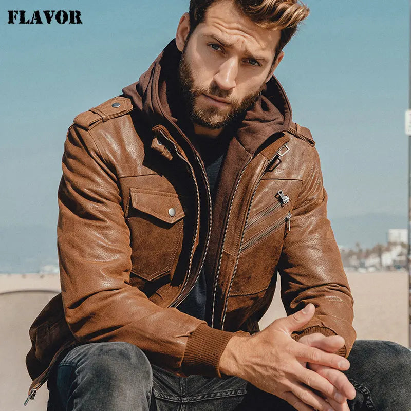 FLAVOR Men's Real Leather Jacket™ Removable Hood Warm Genuine Leather Jackets