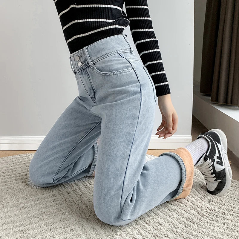 Women's Fleece Wide Leg Jeans™ Winter Warm Vintage Baggy High Waist Loose Straight Denim Pants