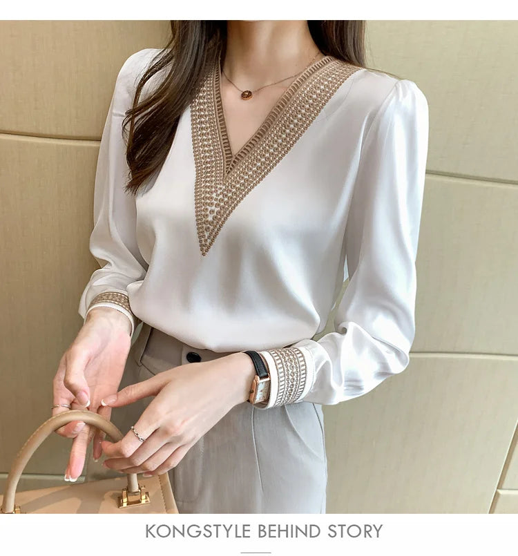 Women's Elegant Chiffon Shirt™ White V Neck Casual Loose Long Sleeve T-shirt